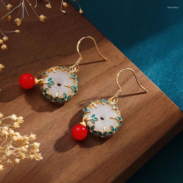 Boucles d'oreilles pendantes en émail pour femmes, Style Court classique, branche en Jade naturel rond, Tourmaline rouge du sud, bijoux rétro