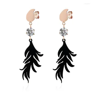 Boucles d'oreilles pendantes pour femmes, bijoux au Design classique, qualité supérieure, en acier inoxydable, plume noire, goutte d'eau, couleur or Rose, cristal