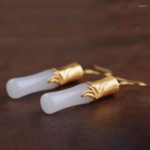 Pendientes colgantes Diseño clásico Natural Jade Bambú para mujer Oro antiguo Artesanía Fresco y simple Estilo chino Gotas para los oídos Joyería