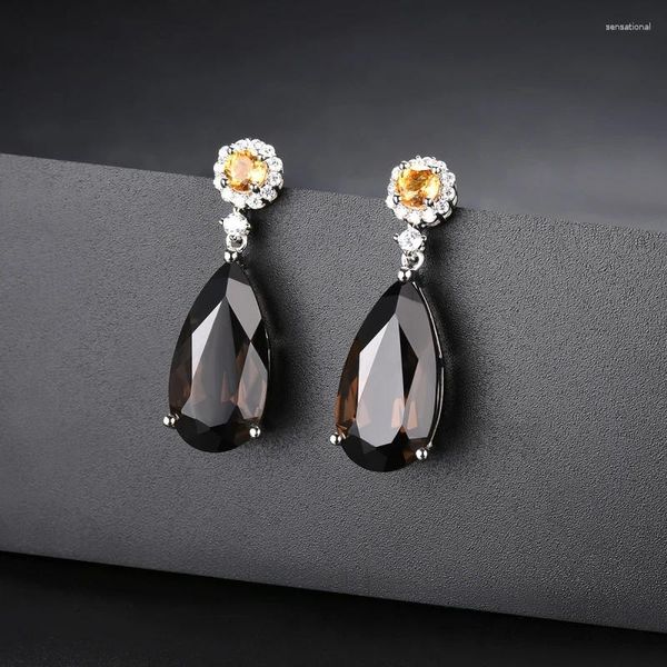 Boucles d'oreilles pendantes Design élégant classique Cristal en forme de poire Argent sterling 925 Quartz fumé naturel Femme