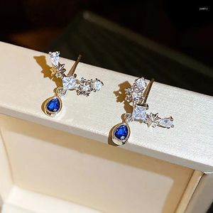 Boucles d'oreilles pendantes classiques et élégantes, Imitation pour femmes, cristal bleu, Zircon, Long pampille, goutte exquise, bijoux de mariage