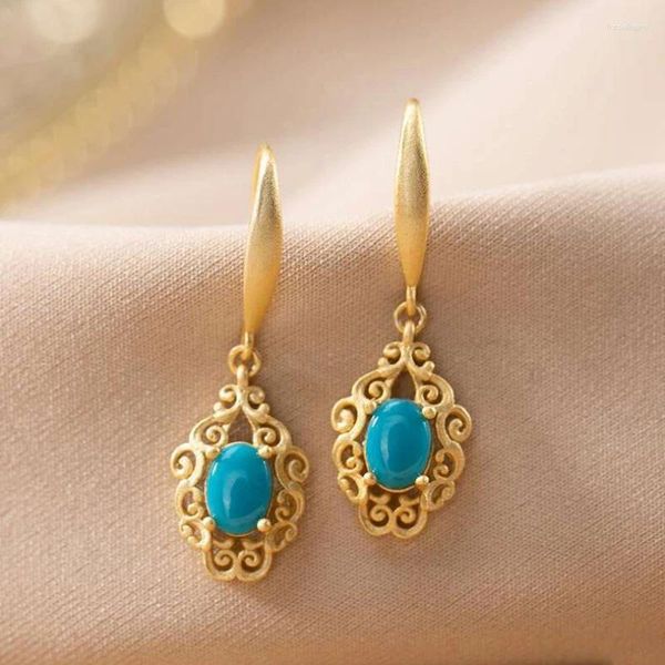 Boucles d'oreilles pendantes de style pastoral classique, motif découpé, boucles d'oreilles ovales turquoise exquises pour femmes, bijoux de fiançailles, accessoires Cheongsam