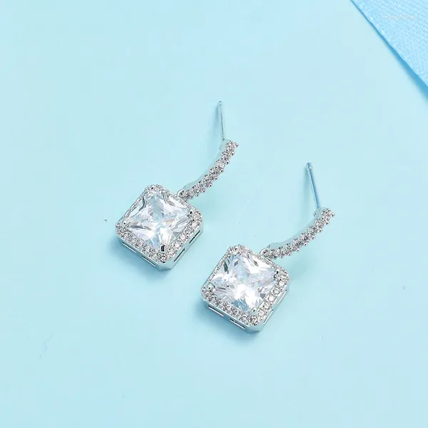 Boucles d'oreilles pendantes classiques carrées en cuivre, couleur argent pavé de Zircon, bijoux de fête haut de gamme pour femmes et filles