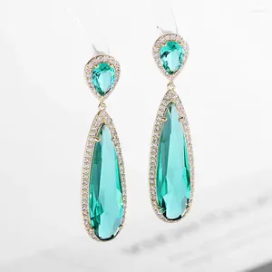 Pendientes colgantes clásicos vintage con adorno de circonita transparente, pera verde y lágrima larga, accesorio para mujer