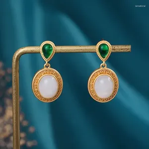 Dange oorbellen Classic Vintage Court Style Ancient Gold Craft ingelegd natuurlijk een witte jade voor vrouwelijke oordingen bruiloft sieraden