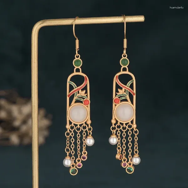 Boucles d'oreilles pendantes classiques de Style chinois, crochet d'oreille en alliage de cuivre doré, couleur émail fleur incrustée de perles de cristal Zircon pour femmes