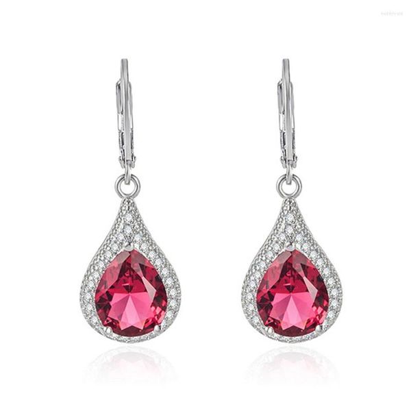 Boucles d'oreilles pendantes classique élégant rouge vert cristal autrichien rubis émeraude pierres précieuses goutte pour les femmes 18k or blanc argent couleur bijoux