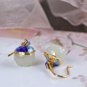 Boucles d'oreilles pendantes émail cloisonné en forme de poisson incrusté naturel Hetian jade fleur de lotus pour les femmes mode bijoux de style chinois classique