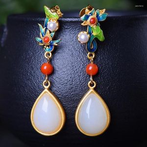 Dangle Oorbellen Cloisonne Emaille Witte Jade Teardrop Kralen 925 Sterling Zilver Tian Jades Nefriet Water Drop Earring Vrouwen