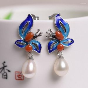 Boucles d'oreilles en peluche cmajor bijoux en argent sterling s925 chinois style classique sud agate bleu papillon bleu perle drop pour femmes