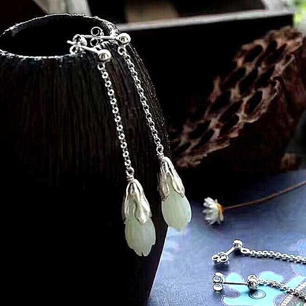 Boucles d'oreilles pendantes CMajor bijoux en argent Sterling S925 Style classique chinois fleur de Magnolia néphrite jade boucle d'oreille pour les femmes
