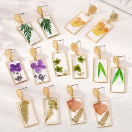 Boucles d'oreilles pendantes rectangulaires de couleur, fleur naturelle séchée, goutte d'eau pour femmes, époxy, feuille florale artificielle, bijoux de fête de mariage