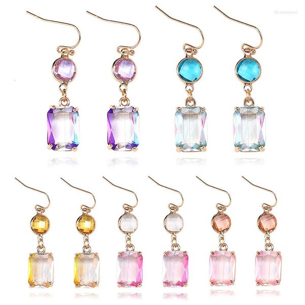 Boucles d'oreilles pendantes en cristal coloré pendentif boucle d'oreille pour femmes fille conception Unique carré géométrique 18K or crochet bijoux de mode