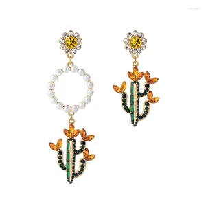 Boucles d'oreilles pendantes colorées à l'huile, mignon Cactus oiseau goutte pour femmes asymétriques brillant cristal perle déclaration bijoux à la mode 2024