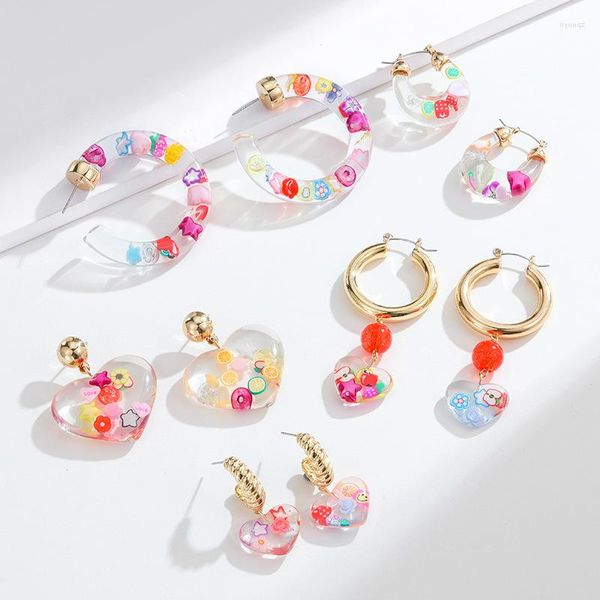 Pendientes colgantes coloridos de cerámica blanda, aro de flores de resina para mujer, pendientes de corazón dulce a la moda, accesorios de joyería