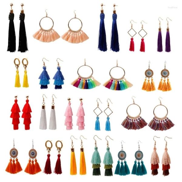 Brincos pendurados Colorful Tassel Long Layered Thread Ball Hoop Fringe Bohemian Tiered Gift Set