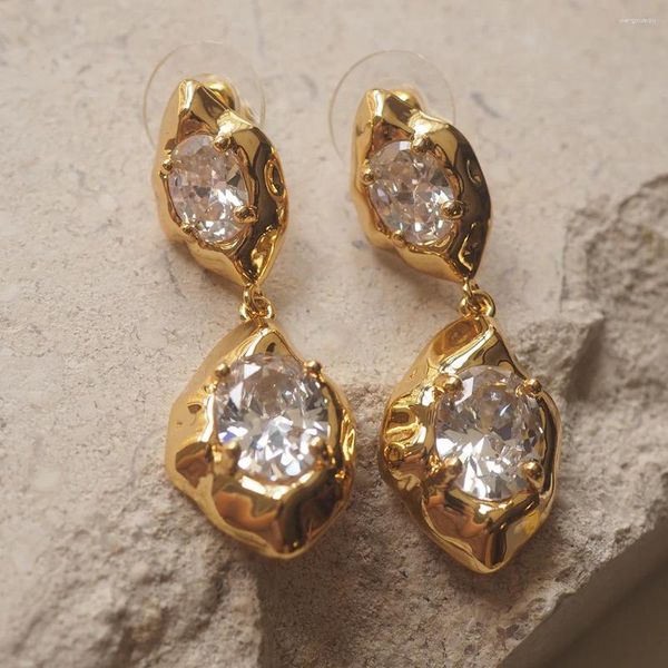 Boucles d'oreilles pendantes en cuivre plaqué or, Style euro-américain, rétro, frappé à la main, pierres précieuses en Zircon, personnalité, bague pour dame, clou creux Lav