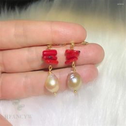 Boucles d'oreilles pendantes branche de corail rose naturel perle baroque boucle d'oreille crochet en or 18 carats cristal unisexe fête mariage enfants platine art