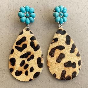 Pendientes colgantes vaca patrón leopardo lágrima cuero genuino para mujeres pelo turquesa calabaza flor pendiente joyería accesorios regalo