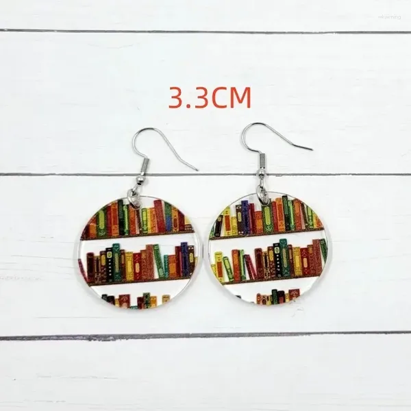 Pendientes colgantes creativos de acrílico para biblioteca, estantería con estampado de moda para amantes de los libros, colgante de madera en forma de lágrima redonda geométrica para mujer