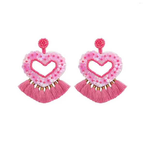 Pendientes colgantes creativos bohemio tejido hecho a mano Corazón con cuentas Drop de borla púrpura Purple Declaración para mujeres joyas