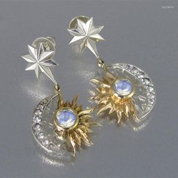 Dange oorbellen creatieve mode sun moon vintage sieraden zilveren kleur metaal ingelegde maansteen carving ster voor vrouwen