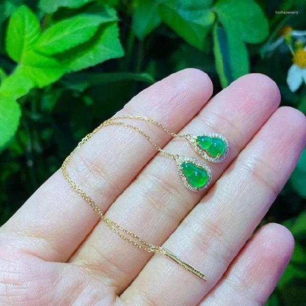 Boucles d'oreilles pendantes créatives pleines de diamants naturels Hetian Jade vert gourde ligne d'oreille style chinois charme classique dames marque bijoux