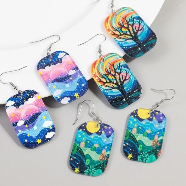 Pendientes colgantes creativos geométricos pendientes al óleo arete de cielo estrellado para mujeres acrílicas luna estrella marina marina regalos de joyería