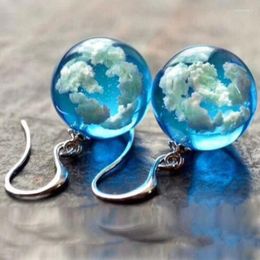 Boucles d'oreilles pendantes créatives faites à la main en résine boule ronde transparente bleu ciel blanc nuage goutte boucle d'oreille bohème pour femmes bijoux cadeau
