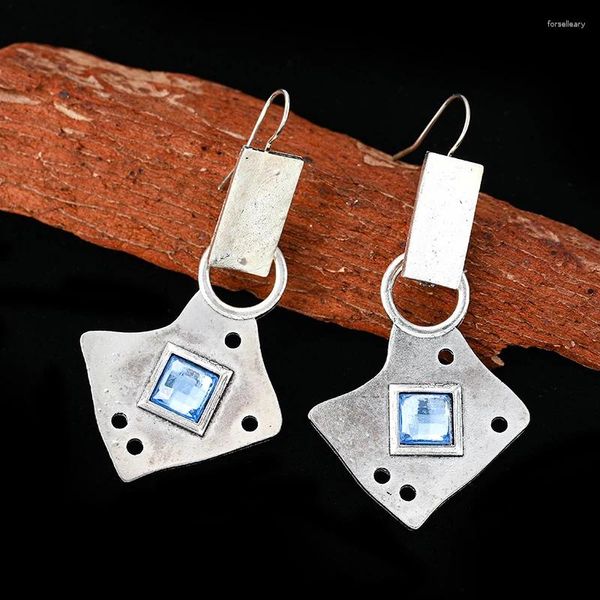 Boucles d'oreilles en peluche Créativité Grande goutte de métal géométrique pour femmes Tribal vintage carré bleu foncé de couleur de pierre
