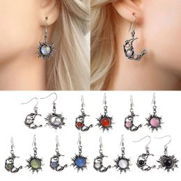 Boucles d'oreilles pendantes croissant pour femmes, soleil, lune, pierre de lune, bijoux cadeaux pour adolescentes, Style Boho