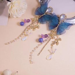 Bengelen oorbellen kristal vlinder parel voor vrouwen lange tassel ingelegde strass drop korean mode sierlijke sprookjescore sieraden
