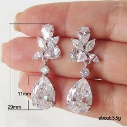 Boucles d'oreilles pendantes en cristal pour femmes, bijoux de mariage, couleur argent, haute qualité, zircone cubique scintillante