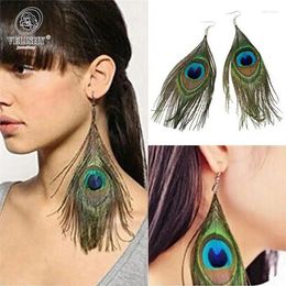 Boucles d'oreilles pendantes en cristal, Design Long, plume de paon, goutte pour femmes, bijoux