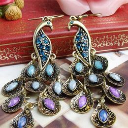 Boucles d'oreilles pendantes cristal Long Vintage paon goutte ethnique pour les femmes 2023 Animal à la mode bijoux fins noël