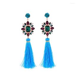 Boucles d'oreilles pendantes en résine de cristal, fleur bleue, longue frange, pompon ethnique épais en attente, style Boho pour femmes, mode Brincos
