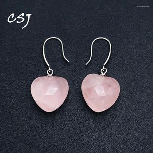 Boucles d'oreilles en peluche CSJ Elegant Natural Rose Quartz Sterling 925 Silver Gemstone Heart 15 mm pour les femmes Bijoux d'anniversaire de fête