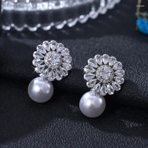 Pendientes colgantes de circonio cúbico para mujer, gota de perla y flor, pendientes de girasol, joyería de tendencia, boda para novias 2023