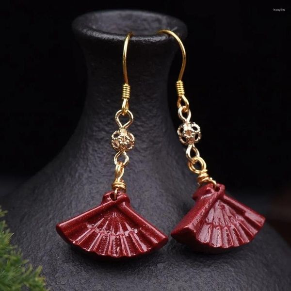 Boucles d'oreilles pendantes personnalisées en forme d'éventail de cinabre rouge naturel, perle de fleur de Lotus, accessoires ronds en Jade, bijoux DIY, mode femme, amulette porte-bonheur