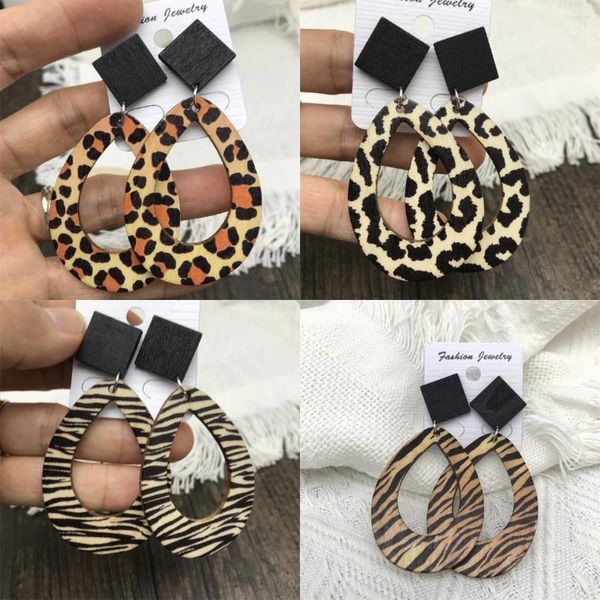 Boucles d'oreilles en peluche coupées en bois de larme creux en bois imprimé guépard léopard zébra en bois noir cartot waterdrop bijoux pour femmes