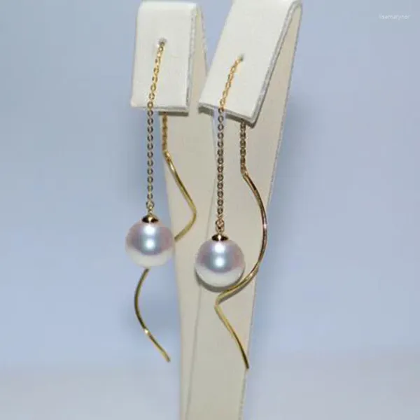 Pendientes colgantes lindos 7.5-8 mm Perfecto Round Akoya White Pink Pearring Gold de 18k Solid Gold