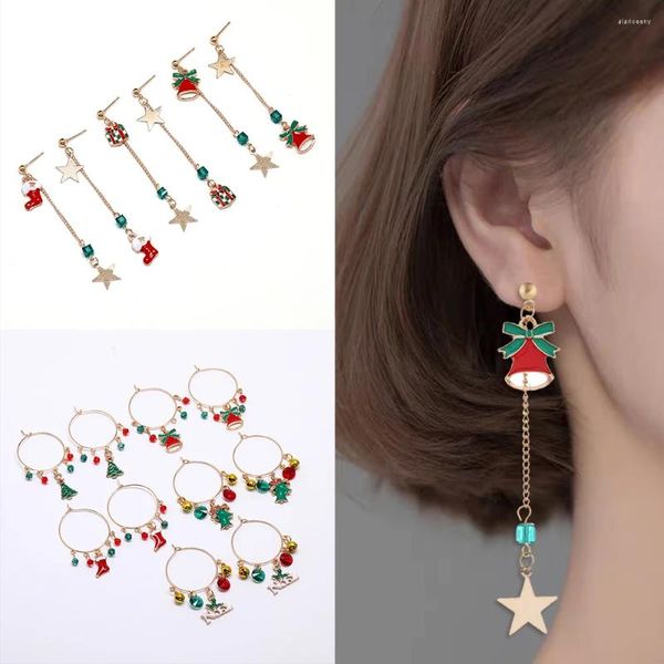 Pendientes colgantes con estrella de alce de Navidad para mujer, muñeco de nieve asimétrico, borla larga, regalos de año, joyería de moda