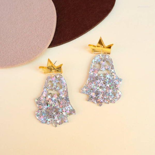 Boucles d'oreilles pendantes mignon couronne brillant fantôme acrylique pour les femmes halloween miroir Surface paillettes mode bijoux fête