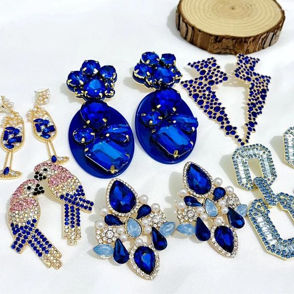 Boucles d'oreilles pendantes en cristal bleu strass pour femmes, bijoux de fête coréens de Style européen, cadeaux géométriques, vente en gros