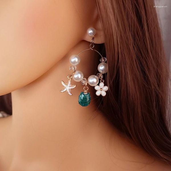 Boucles d'oreilles pendantes ethniques en émail, coquille de fleur, étoile de mer, pendentifs en grand cercle, goutte pour femmes, bijoux de fête à la mode