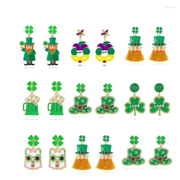 Pendientes colgantes Lindo aro verde Día de San Patricio Rhinestone Lucky Clover Beer Party Mask Chapado en oro Aretes De Mujer Joyería para mujer