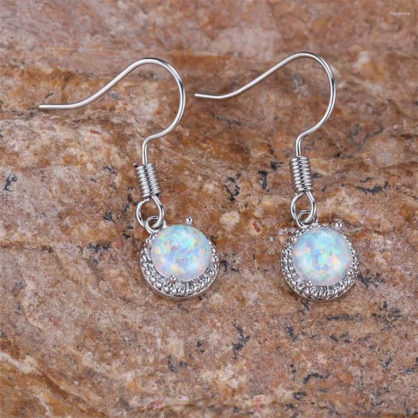 Boucles d'oreilles pendantes pour femmes, jolies petites pierres rondes en opale de feu blanche, tendance, couleur argent, crochet, Long pompon, bijoux Boho