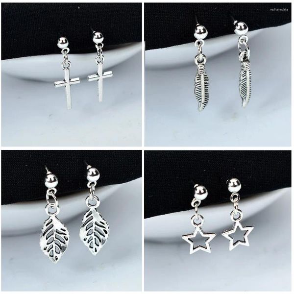 Boucles d'oreilles pendantes mignonnes, petites boucles d'oreilles antiques couleur argent, étoile, feuille, croix, goutte pour femmes, bijoux d'oreille géométriques, Boucle Oreille Femme