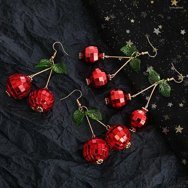 Pendientes colgantes con cuentas de purpurina de fruta dulce, bola de espejo de discoteca con forma de cereza roja 3D para mujeres y niñas, regalo de joyas para fiesta de baile