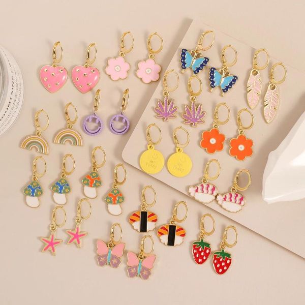 Pendientes colgantes lindos mujeres niñas fresa flor mariposa Sushi estrella de mar personalidad colgante de dibujos animados pendiente gancho joyería